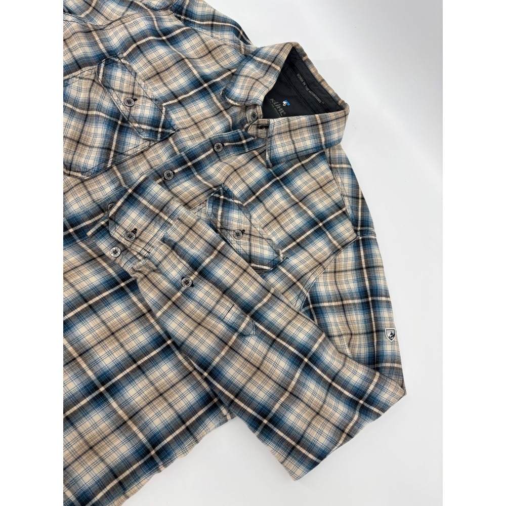 Kuhl Mens Small Blue Tan Plaid Cotton Tencel Long Sleeve Button Down Shirt